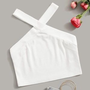White Ribbed Halter Cropped Tank Top